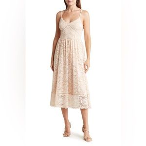 NSR Crochet Stretch Lace Midi Dress in Champagne